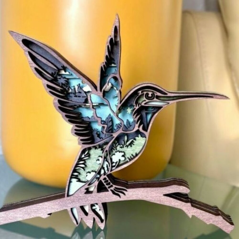 Tropical Hummingbird Bird Wood Wooden 3D Diorama Sculpture Figure Wall Decor New